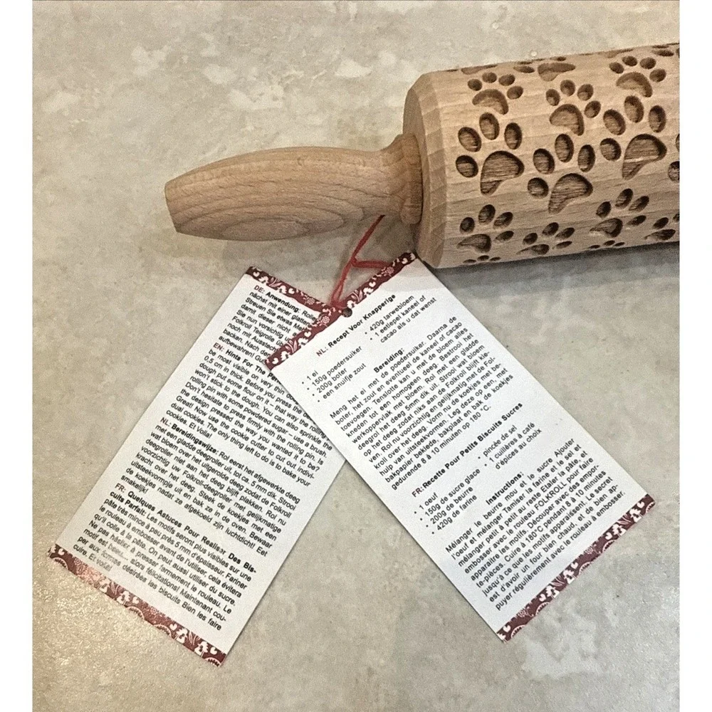 NWT 2 Folk Roll Beech Engraved Rolling Pins Dachshund Paw Prints Cookie Dough 9